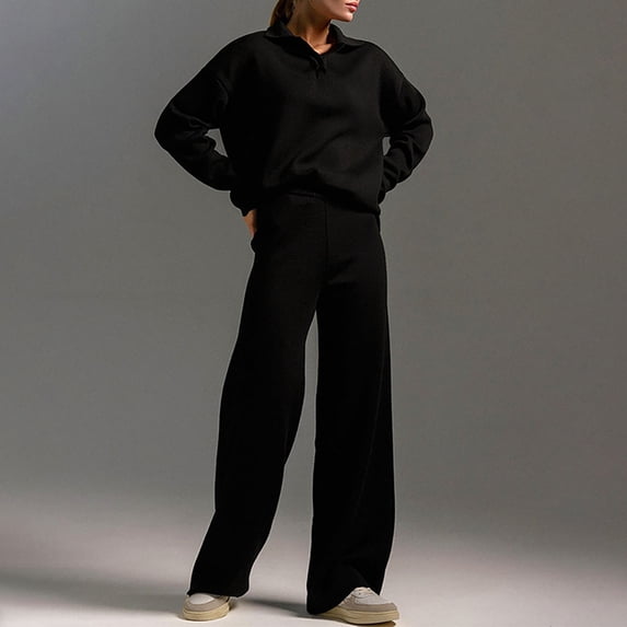 Miqool Womens 2 Piece Outfits Collar Sweater Sweatsuit Lounge Set Long Sleeve Sweatshirt with Wide Leg Sweatpants