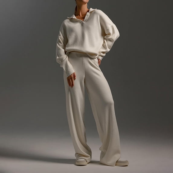 Miqool Womens 2 Piece Outfits Collar Sweater Sweatsuit Lounge Set Long Sleeve Sweatshirt with Wide Leg Sweatpants