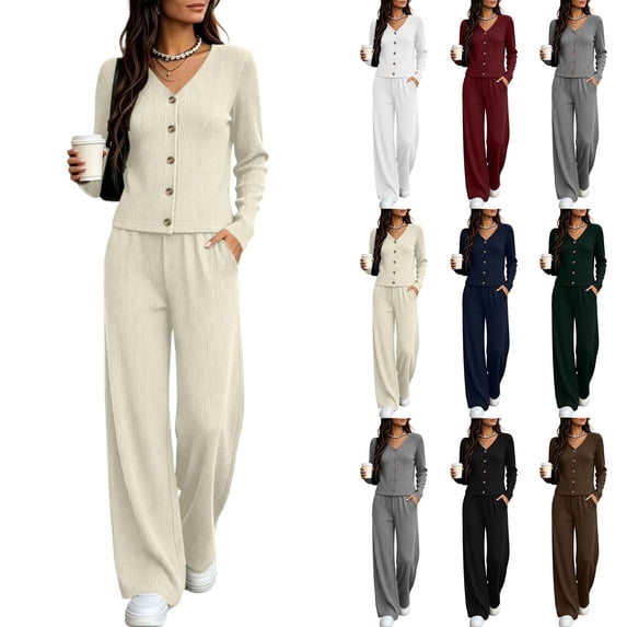 Miqool Womens 2 Piece Outfits Corduroy V Neck Button Front Long Sleeve Top Matching Pants Set Casual Loungewear Tracksuit S‑XXL