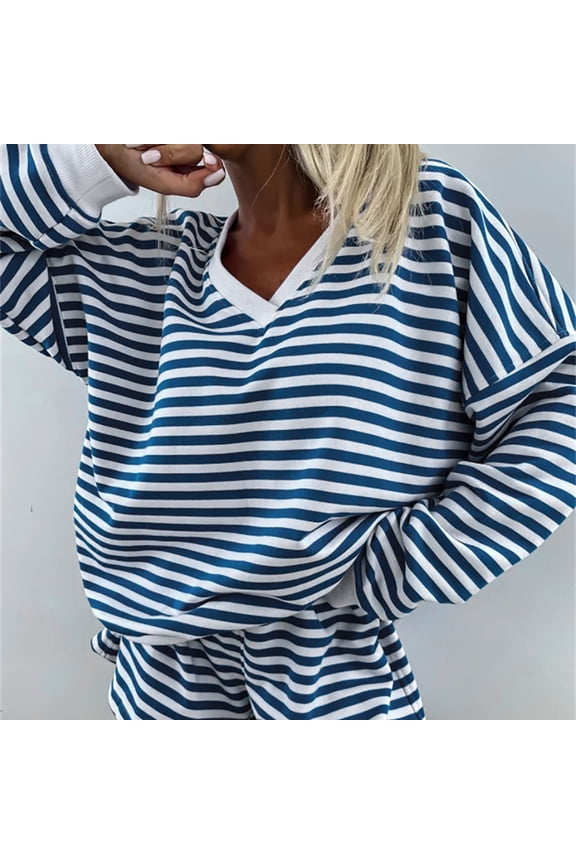 Womens 2 Piece Striped Outfits Long Sleeve V Neck Sweatshirt and Shorts Set Lounge Wear Fall Fashion Matching Sets