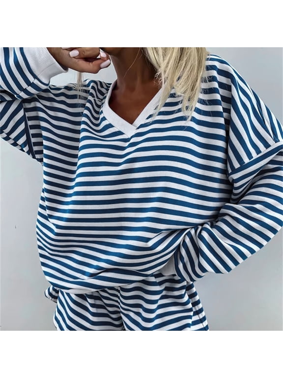 Womens 2 Piece Striped Outfits Long Sleeve V Neck Sweatshirt and Shorts Set Lounge Wear Fall Fashion Matching Sets