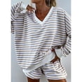 thumbnail image 1 of Miqool Womens 2 Piece Striped Outfits Long Sleeve V Neck Sweatshirt and Shorts Set Lounge Wear Fall Fashion Matching Sets, 1 of 8