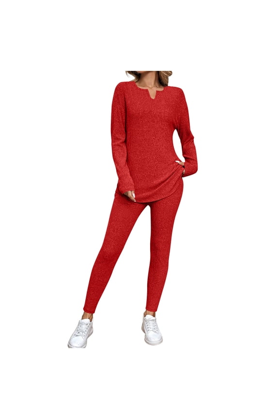 Womens 2 Piece Sweater Sets Fall Winter Long Sleeve Knit Pullover and Long Pants Lounge Set Solid Color Winter Set
