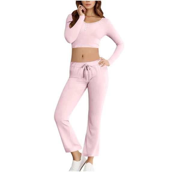 Miqool Womens 2 Piece Sweatsuits Long Sleeve Tight Crop Shirt Tops Joggers Sweatpants Sets Solid Color Fall Yoga Sweat Workout Sets