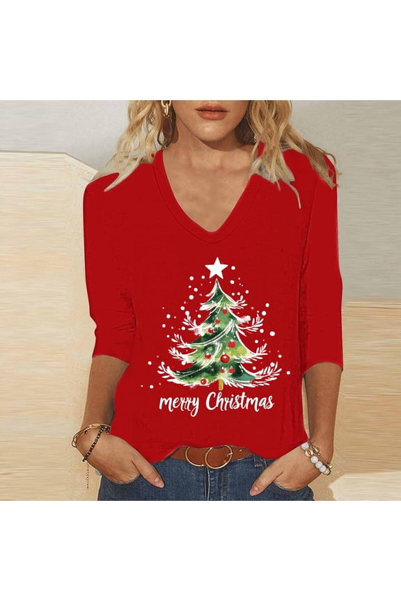 Womens 3/4 Sleeve Tops V Neck Christmas T-Shirts Merry Christmas Tree Graphic Tee Tops