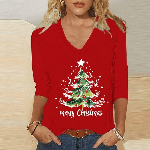 Miqool Womens 3/4 Sleeve Tops V Neck Christmas T-Shirts Merry Christmas Tree Graphic Tee Tops