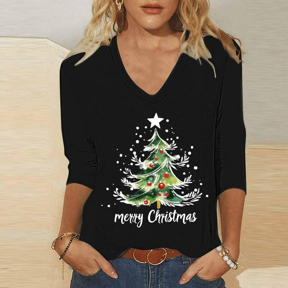 Miqool Womens 3/4 Sleeve Tops V Neck Christmas T-Shirts Merry Christmas Tree Graphic Tee Tops