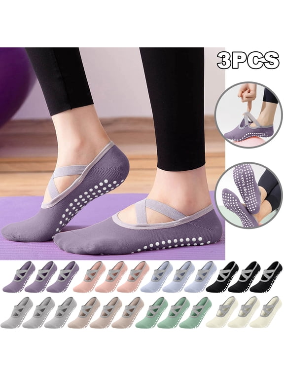 Womens 3 Pairs Yoga Socks Cross Strap Non Slip Grip Breathable Pilates Socks for Ballet Dance Workout