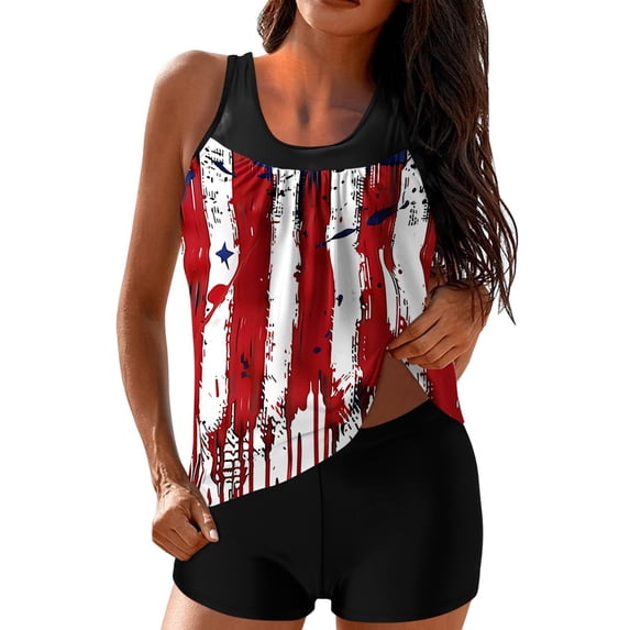 Miqool Womens 4th of July Two Piece Tankini Swimsuits American Flag Print Swim Top and High Waisted Boyshorts Tummy Control Bathing Suits Modest Swimwear