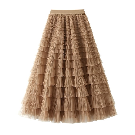 Miqool Womens A-Line Skirt Mesh Layered Hem Multilayer Tiered Puffy Ruffles Tulle Midi Skirt