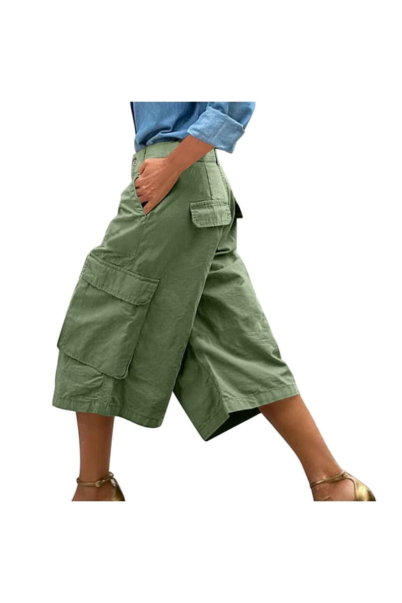 Womens Baggy Cargo Capris Casual Loose Fit Wide Leg Capri Pants Lightweight Long Bermuda Cropped Hiking Pants with Multi Pockets