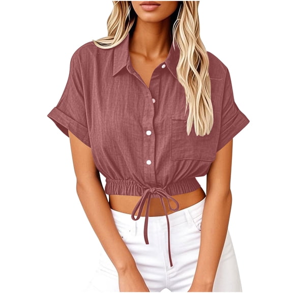 Miqool Womens Button Down Cropped Linen Shirts Rolled Short Sleeve V Neck Collared Dressy Casual Blouses Drawstring Crop Tops with Pocket S-3XL