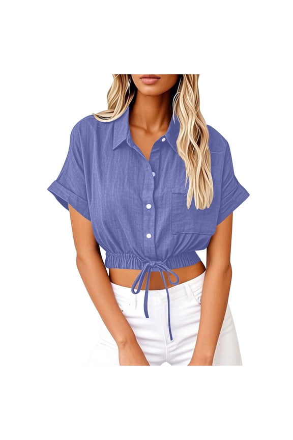 Womens Button Down Cropped Linen Shirts Rolled Short Sleeve V Neck Collared Dressy Casual Blouses Drawstring Crop Tops with Pocket S-3XL