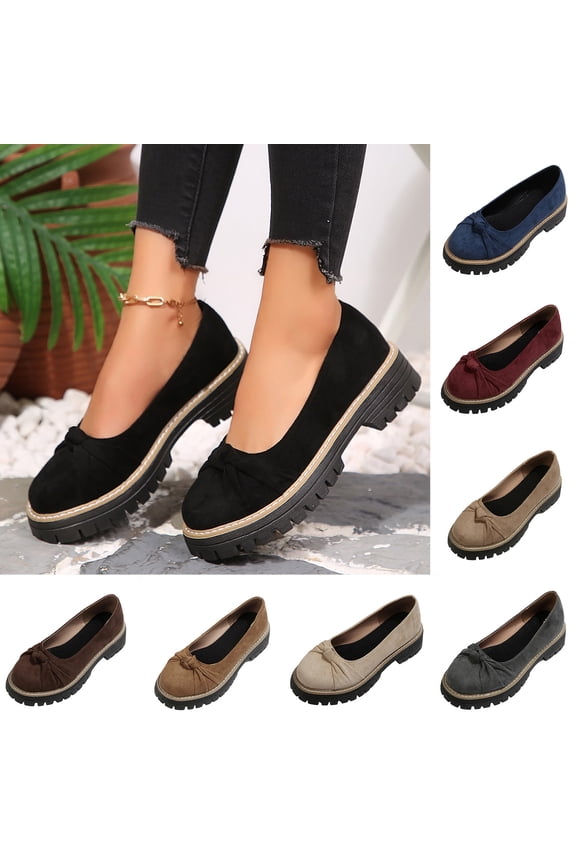 Womens Chunky Loafers Mid Heel Thick Sole Round Toe Vintage Flock Slip On Casual Dress Shoes