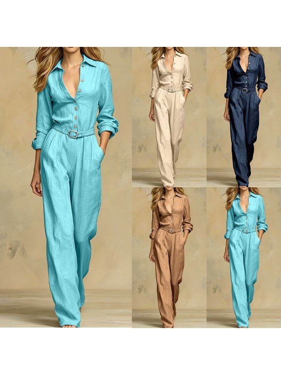 Womens Collared Button Down Jumpsuits Long Sleeve Belted Waisted Wide Leg Rompers with Pockets