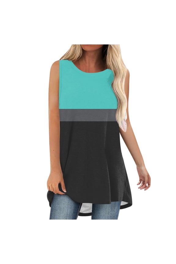 Womens Color Block Tank Tops Summer Sleeveless Loose Flowy Tank Tops Round Neck Casual Basic T Shirts Tunic Blouses for Leggings