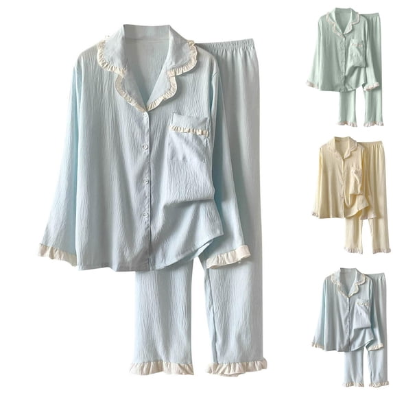 Miqool Womens Cotton Pajama Sets Long Sleeve Button Down 2 Piece Pjs Ruffle Sleepwear with Frill Cuff Pants Loungewear
