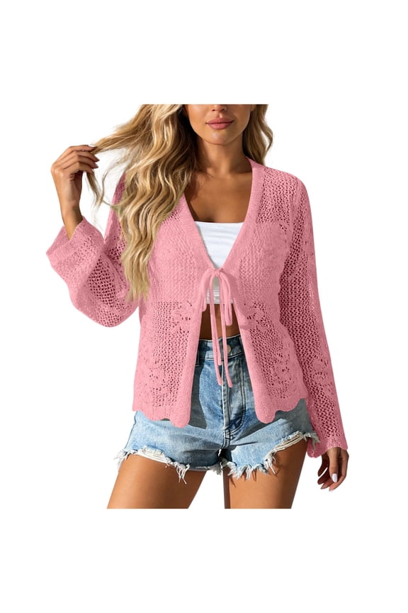Womens Crochet Knit Cardigan Sweater Kimonos Tie Front Lightweight Hollow Out Open Front Casual Loose Cropped Boho Swimsuit Coverups