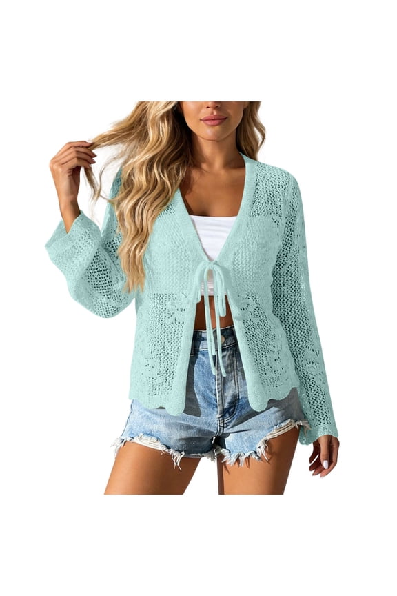 Womens Crochet Knit Cardigan Sweater Kimonos Tie Front Lightweight Hollow Out Open Front Casual Loose Cropped Boho Swimsuit Coverups