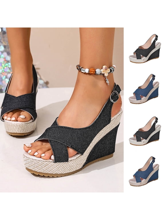 Womens Cross Strap Wedge Sandals Elastic Dressy Comfortable Slingback Espadrille Platform Heels