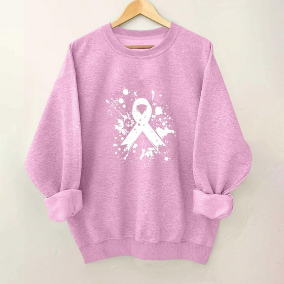Miqool Womens Cute Breast Cancer Sweatshirt Comfy Long Sleeve Pink Ribbon Print Tops Casual Loose Fall Winter Pullover Shirts