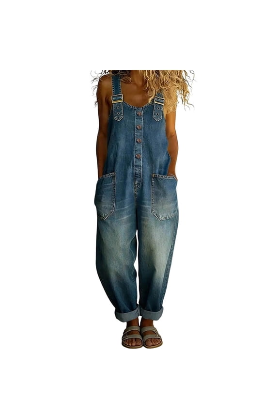 Womens Denim Bib Overalls Pants Button Front Stright Leg Adjustable Strap Sleeveless Jean Pants Jumpsuits with Pockets
