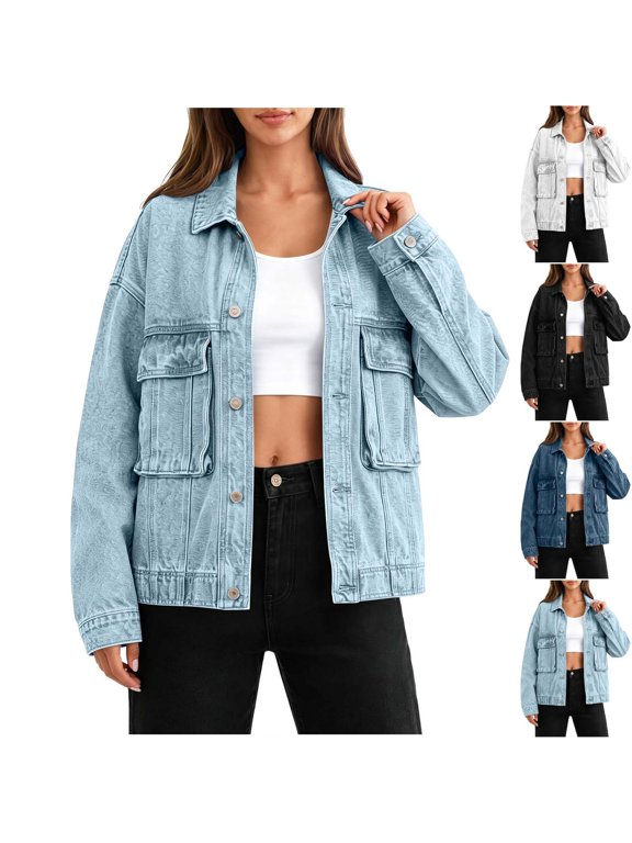 Womens Denim Jean Jacket Lapel Collar Button Down Long Sleeve Loose Boyfriend Coat Trendy Country Concert Outfits with Chest Pockets
