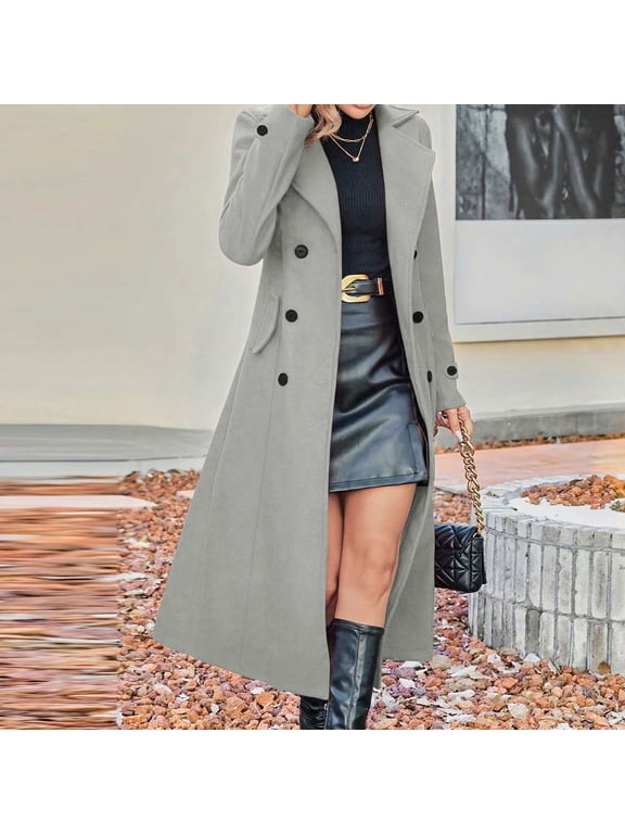 Miqool Womens Double Breasted Long Trench Coat Wool Blend Slim Fit Pea Coat Classic Business Casual Overcoat