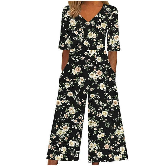 Miqool Womens Elegant Jumpsuits Retro Print Dressy Casual Elbow-Length Sleeve V Neck Wide Leg Pants Rompers One Piece Outfits with Pockets