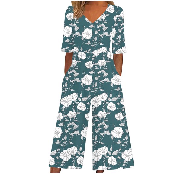 Miqool Womens Elegant Jumpsuits Retro Print Dressy Casual Elbow-Length Sleeve V Neck Wide Leg Pants Rompers One Piece Outfits with Pockets