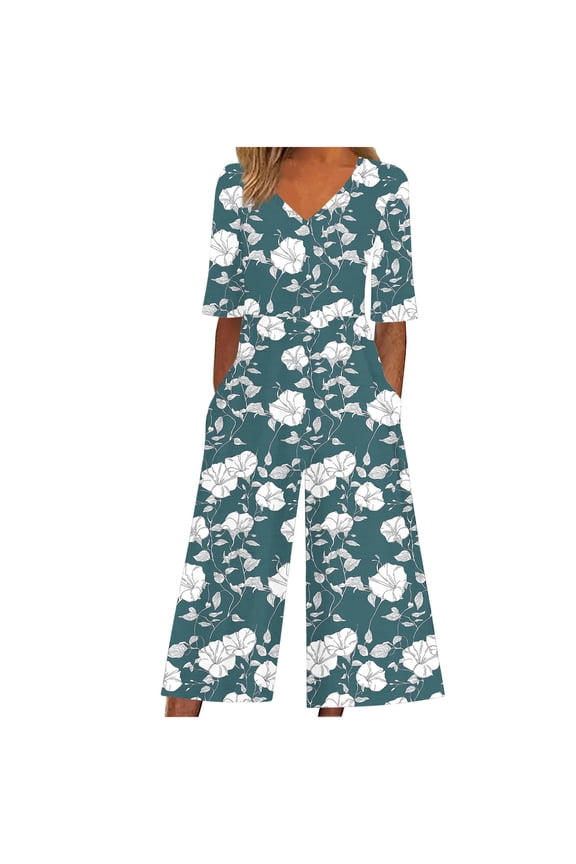 Womens Elegant Jumpsuits Retro Print Dressy Casual Elbow-Length Sleeve V Neck Wide Leg Pants Rompers One Piece Outfits with Pockets