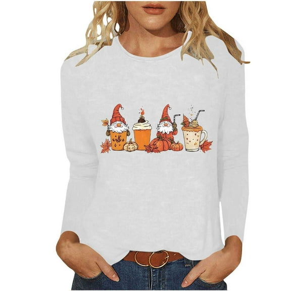 Miqool Womens Fall Shirts Halloween Long Sleeve Pumpkin T-Shirts Casual Thanksgiving Graphic Tee Tops