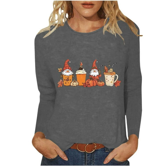 Miqool Womens Fall Shirts Halloween Long Sleeve Pumpkin T-Shirts Casual Thanksgiving Graphic Tee Tops