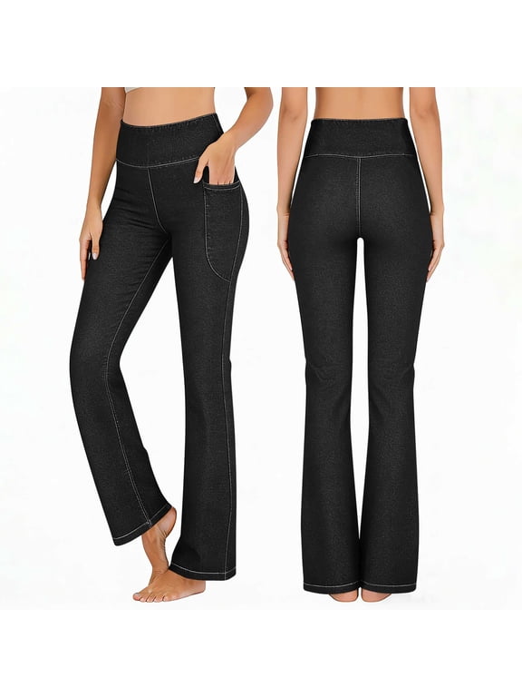 Womens Faux Denim Flare Pants High Waisted Casual Stretch Soft Pull-On Bootcut Yoga Pants Jean-Style Bottoms with Pockets