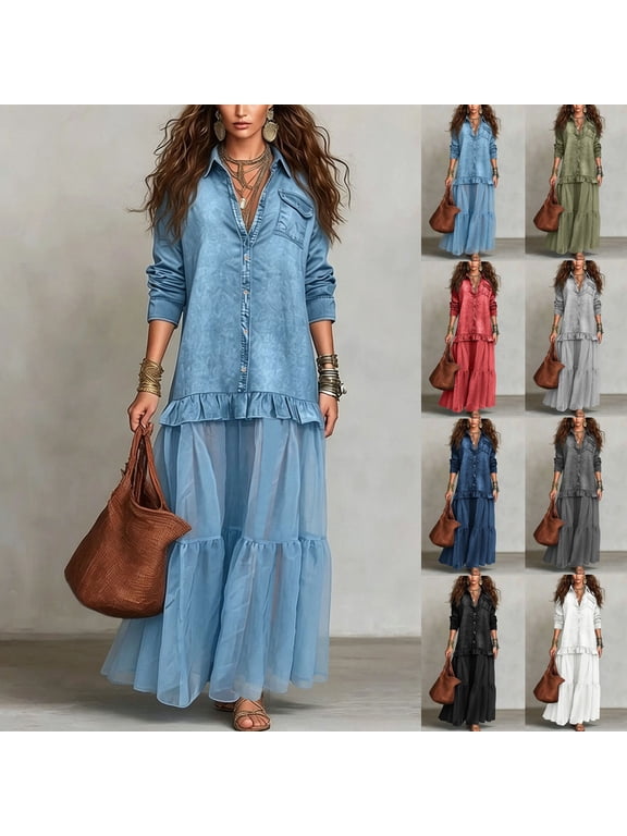 Womens Faux Denim Maxi Dresses Long Sleeve Collared Button Front Patchwork Ruffled Long Dress with Pocket