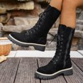 thumbnail image 1 of Miqool Womens Faux Leather Lace Up Mid Calf Boots Round Toe Lug Thick Sole Low Block Heel Shoes, 1 of 9