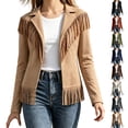 thumbnail image 1 of Miqool Womens Faux Suede Fringe Jacket Casual Long Sleeve Lapel Collar Button Down Jacket Vintage Cowgirl Style Western Coat, 1 of 6