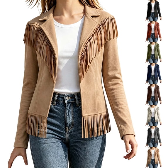 Miqool Womens Faux Suede Fringe Jacket Casual Long Sleeve Lapel Collar Button Down Jacket Vintage Cowgirl Style Western Coat