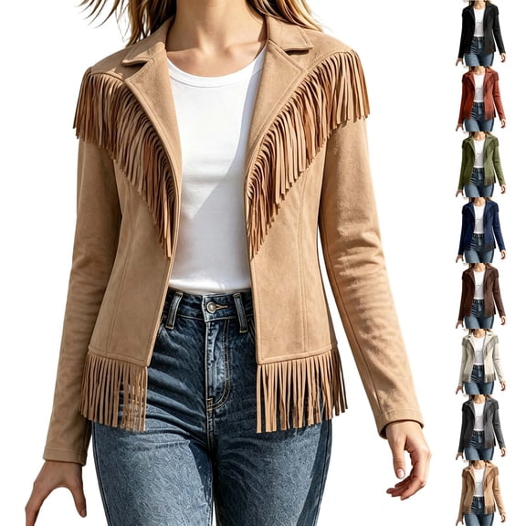 Miqool Womens Faux Suede Fringe Jacket Casual Long Sleeve Lapel Collar Button Down Jacket Vintage Cowgirl Style Western Coat