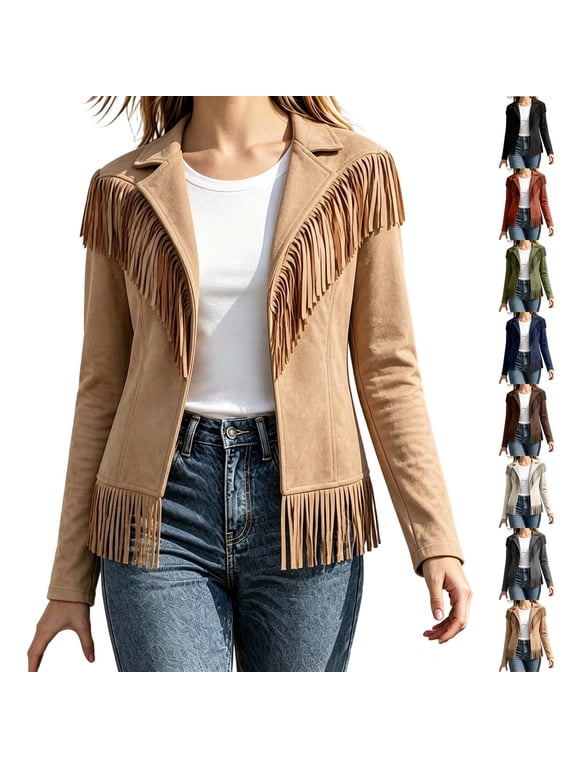 Womens Faux Suede Fringe Jacket Casual Long Sleeve Lapel Collar Button Down Jacket Vintage Cowgirl Style Western Coat