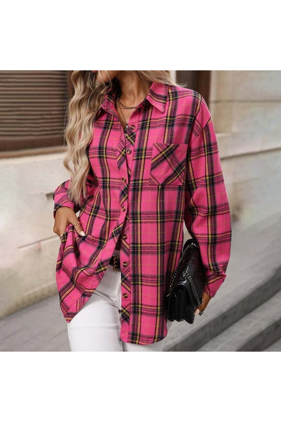 Womens Flannel Shirts Long Sleeve Oversized Button Down Plaid Shirt Business Casual Blouse Top