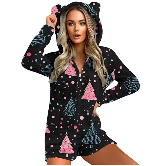 Miqool Womens Fleece Christmas Print Onesie Pajamas Jumpsuit Warm Romper Zip Front Long Sleeve Shorts Jumpsuit Pjs Loungewear