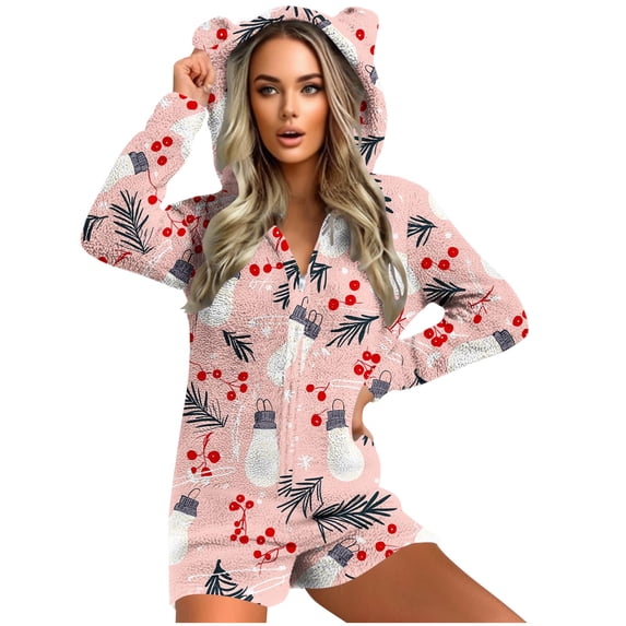 Miqool Womens Fleece Christmas Print Onesie Pajamas Jumpsuit Warm Romper Zip Front Long Sleeve Shorts Jumpsuit Pjs Loungewear
