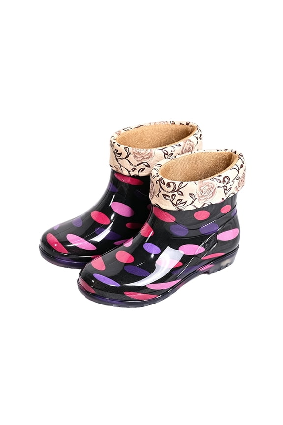 Womens Fleece Lined Rain Boots, Foldable Cuff Waterproof PVC Non Slip Garden Rain Booties for Cold Weather Rainy Days