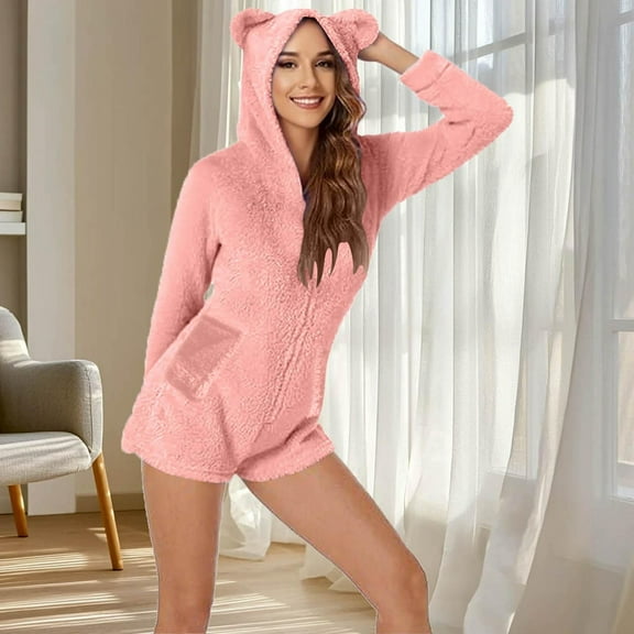 Miqool Womens Fleece Onesies Pajamas Cute Warm Romper Sleepwear One Piece Zipper Hooded Short Playsuit Loungewear
