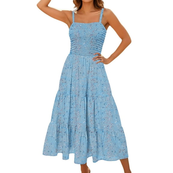 Miqool Womens Floral Boho Maxi Dresses Summer Casual Spaghetti Straps Sleeveless Tiered A Line Flowy Long Dress Beach Vacation Dress
