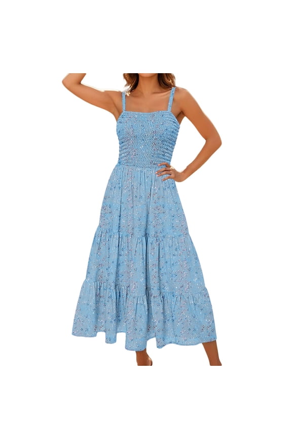 Womens Floral Boho Maxi Dresses Summer Casual Spaghetti Straps Sleeveless Tiered A Line Flowy Long Dress Beach Vacation Dress