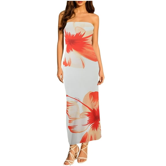 Miqool Womens Floral Printed Boho Tube Maxi Dress Summer Strapless Bodycon Party Club Night Out Long Dresses Cocktail Dresses