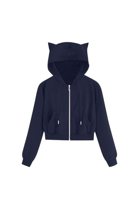 Womens Full Zip Up Hoodies Cute Ear Lightweight Long Sleeve Drawstring Hooded Cropped Sweatshirts Casual Jacket Coat with Pockets (Available in Plus Size)