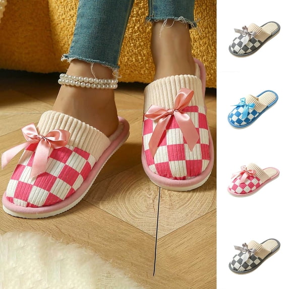 Miqool Womens Fuzzy House Slippers Closed Toe Non-Slip Plush Checkerboard Bow Cozy Warm Slippers for Indoor Bedroom